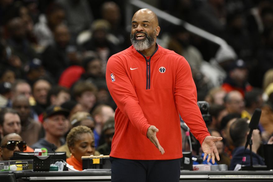 Washington Wizards head coach Wes Unseld Jr. in action during the second half of an NBA basketball game against the Portland Trail Blazers, Friday, Feb. 3, 2023, in Washington. The Trail Blazers won 124-116. (AP Photo/Nick Wass)