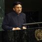 Pakistani President Gen. Pervez Musharraf addresses the U.N. General Assembly on Nov. 10, 2001, at the United Nations headquarters in New York. An official said Sunday, Feb. 5, 2023, Gen. Pervez Musharraf, Pakistan military ruler who backed the U.S. war in Afghanistan after 9/11, has died. (AP Photo/Beth Keiser, File)