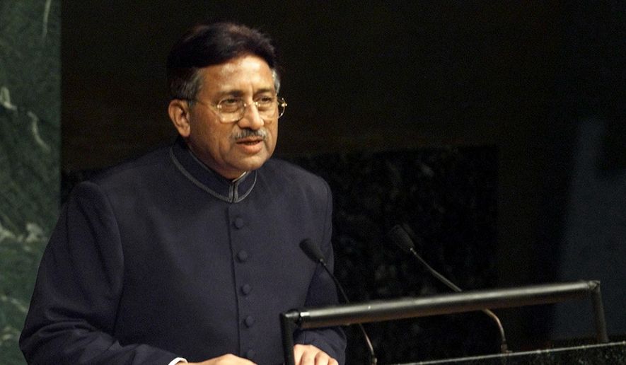 Pakistani President Gen. Pervez Musharraf addresses the U.N. General Assembly on Nov. 10, 2001, at the United Nations headquarters in New York. An official said Sunday, Feb. 5, 2023, Gen. Pervez Musharraf, Pakistan military ruler who backed the U.S. war in Afghanistan after 9/11, has died. (AP Photo/Beth Keiser, File)
