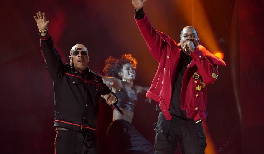 Spliff Star, left, and Busta Rhymes perform &quot;Put Your Hands Where My Eyes Could See&quot; at the 65th annual Grammy Awards on Sunday, Feb. 5, 2023, in Los Angeles. (AP Photo/Chris Pizzello)
