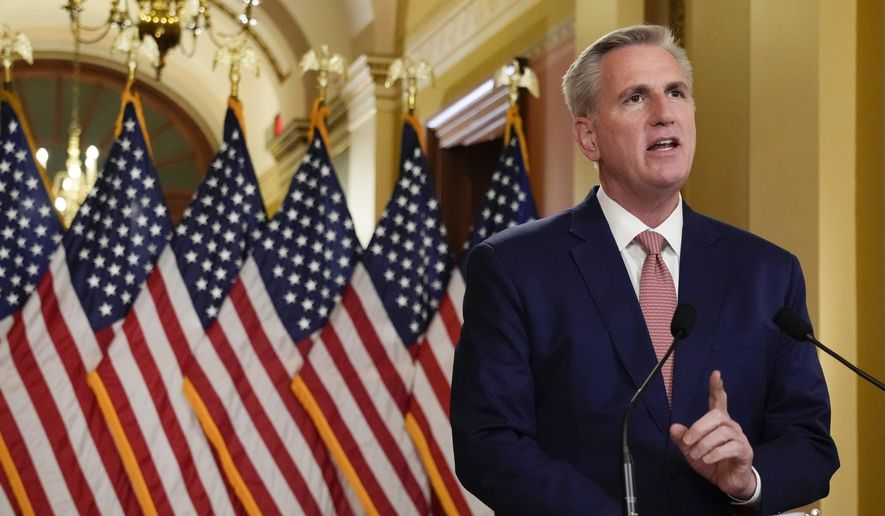House Speaker Kevin McCarthy of Calif., talks to reporters Monday, Feb. 6, 2023, on Capitol Hill in Washington. (AP Photo/Jacquelyn Martin)