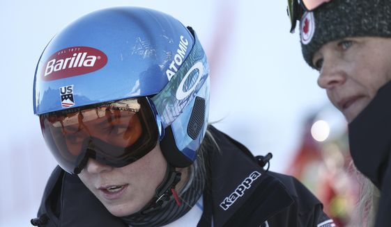 United States&#x27; Mikaela Shiffrin is seen during the course inspection ahead of the super G portion of an alpine ski, women&#x27;s World Championship combined race, in Meribel, France, Monday, Feb. 6, 2023. (AP Photo/Gabriele Facciotti)