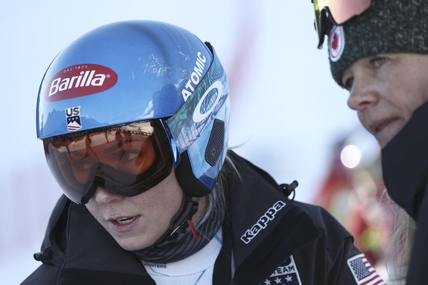 United States&#x27; Mikaela Shiffrin is seen during the course inspection ahead of the super G portion of an alpine ski, women&#x27;s World Championship combined race, in Meribel, France, Monday, Feb. 6, 2023. (AP Photo/Gabriele Facciotti)