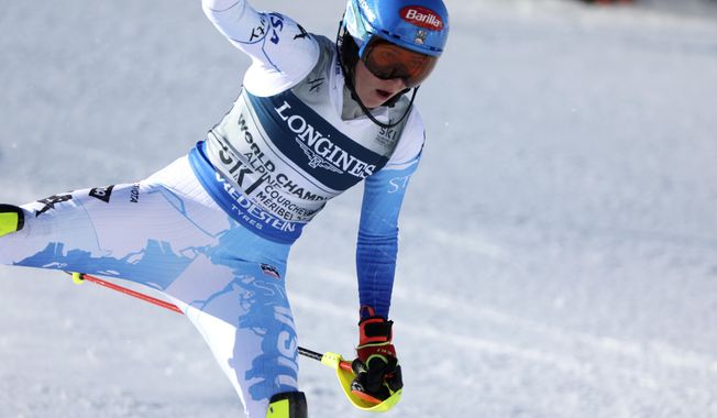 United States&#x27; Mikaela Shiffrin fails to complete the slalom portion of an alpine ski, women&#x27;s World Championship combined race, in Meribel, France, Monday, Feb. 6, 2023. (AP Photo/Alessandro Trovati)