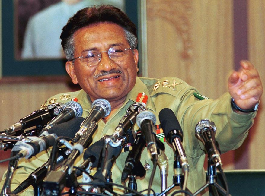 Then Pakistan Gen. Pervez Musharraf gestures at a news conference, Thursday March 23, 2000, in Islamabad. Gen. Musharraf, who seized power in a bloodless coup and later led a reluctant Pakistan into aiding the U.S. war in Afghanistan against the Taliban, has died, an official said Sunday, Feb. 5, 2023. He was 79.(AP Photo/B.K. Bangash, File)