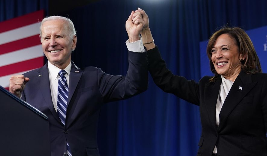 President Joe Biden and Vice President Kamala Harris stand on stage at the Democratic National Committee winter meeting, Feb. 3, 2023, in Philadelphia. A majority of Democrats now think one term is plenty for Biden, despite his insistence that he plans to seek reelection in 2024. That&#x27;s according to a new poll from The Associated Press-NORC Center for Public Affairs Research. (AP Photo/Patrick Semansky)