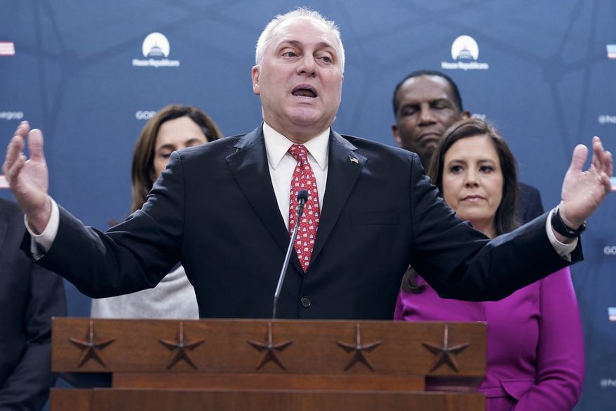 Majority Whip Rep. Steve Scalise, R-La., center, speaks during a press conference with House Republican Leaders, on Capitol Hill in Washington, Tuesday, Feb. 7, 2023. (AP Photo/Mariam Zuhaib)