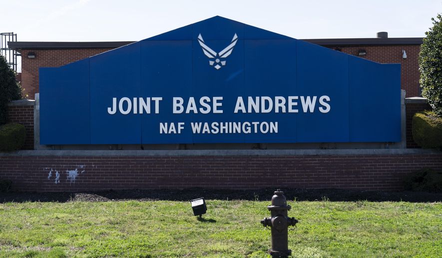The sign for Joint Base Andrews is seen, Friday, March 26, 2021, at Andrews Air Force Base, Md. An intruder has breached the home of Air Force One, one of the nation&#x27;s most sensitive military bases, and this time a resident opened fire on the trespasser, Joint Base Andrews said in a statement late Monday, Feb. 6, 2023. (AP Photo/Alex Brandon, File)