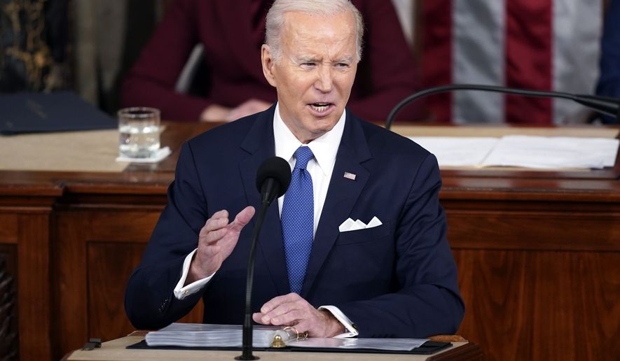 President Joe Biden delivers the State of the Union address to a joint session of Congress at the U.S. Capitol, Tuesday, Feb. 7, 2023, in Washington. (AP Photo/Patrick Semansky)