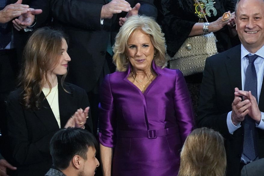 First lady Jill Biden arrives before President Joe Biden delivers his State of the Union speech to a joint session of Congress, at the Capitol in Washington, Tuesday, Feb. 7, 2023. (AP Photo/J. Scott Applewhite) ** FILE **