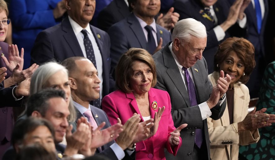 Rep. Nancy Pelosi, D-Calif., reacts as President Joe Biden introduces her husband Paul Pelosi during the State of the Union address to a joint session of Congress at the U.S. Capitol, Tuesday, Feb. 7, 2023, in Washington. (AP Photo/Susan Walsh)