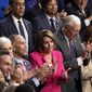 Rep. Nancy Pelosi, D-Calif., reacts as President Joe Biden introduces her husband Paul Pelosi during the State of the Union address to a joint session of Congress at the U.S. Capitol, Tuesday, Feb. 7, 2023, in Washington. (AP Photo/Susan Walsh)