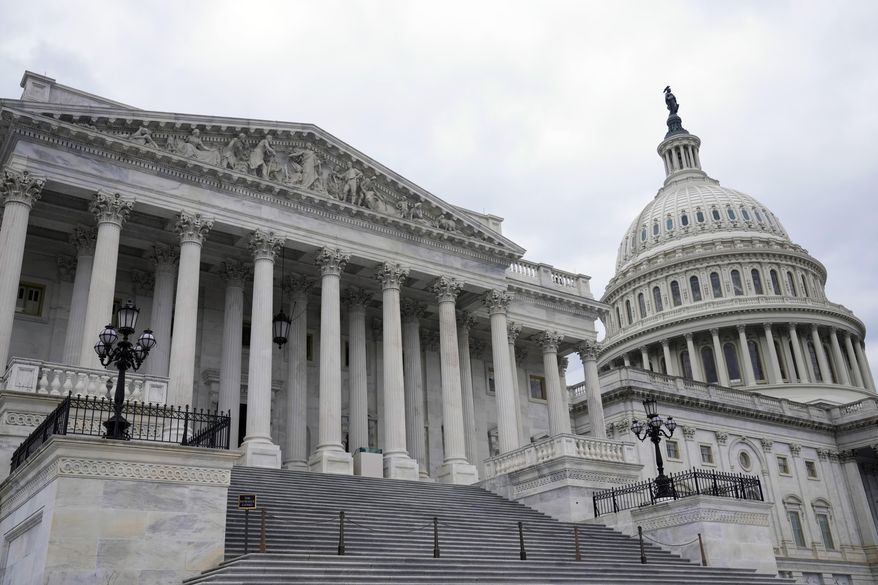 The House side of the U.S. Capitol is seen in Washington, Monday, Feb. 6, 2023. President Joe Biden on Tuesday night will stand before a joint session of Congress for the first time since voters in the midtem elections handed control of the House to Republicans. (AP Photo/Mariam Zuhaib)