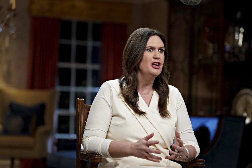 Gov. Sarah Huckabee Sanders, R-Ark., speaks while delivering the Republican response to President Biden&#x27;s State of the Union address, Tuesday, Feb. 7, 2023, in Little Rock, Ark. (Al Drago/Bloomberg, Pool)