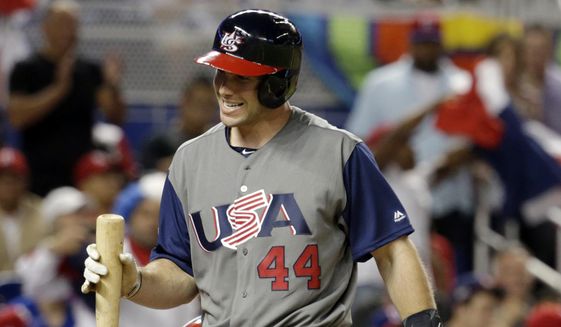 United States&#x27; Paul Goldschmidt (44) walks off after striking out during a first-round game of the World Baseball Classic against the Dominican Republic, on March 11, 2017, in Miami. Major League Baseball’s new pitch clock, limits on shifts and larger bases will not be used during the World Baseball Classic. The three innovations will be debuted during the spring training exhibition season that starts Feb. 24. The 20-team national team tournament runs from March 8-21, and players will return to their clubs for more exhibition games with the new rules ahead of opening day on March 30. (AP Photo/Lynne Sladky, File0 **FILE**