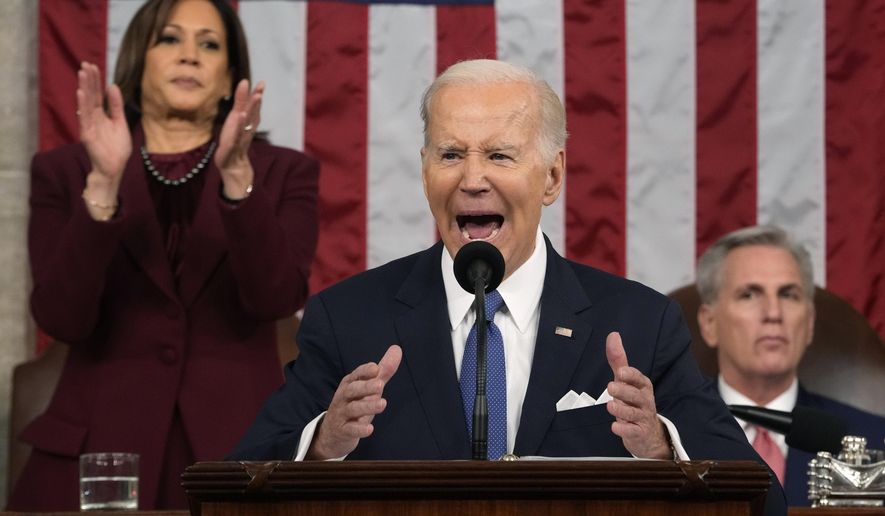 President Joe Biden talks about passing an assault weapons band as he delivers the State of the Union address to a joint session of Congress at the U.S. Capitol, Tuesday, Feb. 7, 2023, in Washington.(AP Photo/Jacquelyn Martin, Pool)