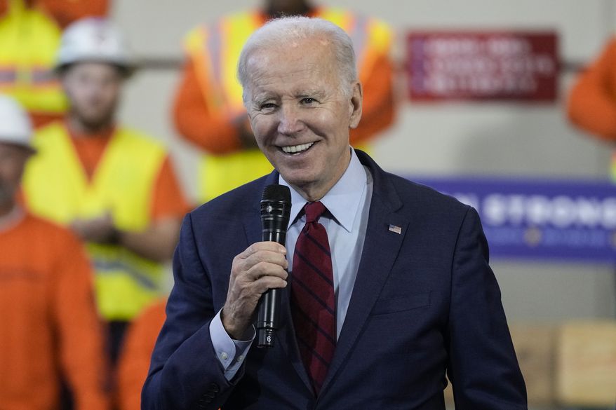President Joe Biden delivers remarks on his economic agenda at a training center run by Laborers&#x27; International Union of North America, Wednesday, Feb. 8, 2023, in Deforest, Wis. (AP Photo/Morry Gash)