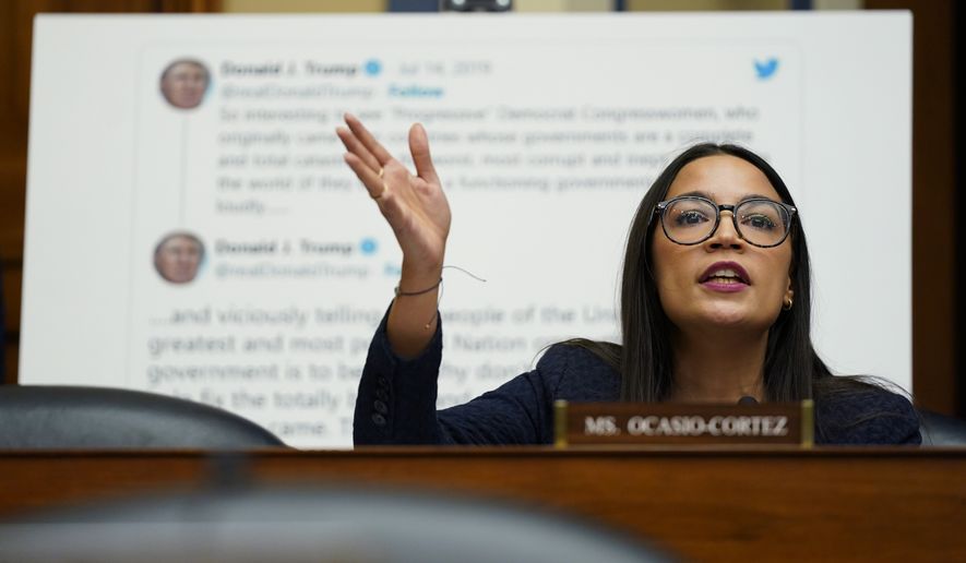 House Oversight and Accountability Committee Chairman member Rep. Alexandria Ocasio-Cortez, D-N.Y., speaks as a tweet is displayed behind her during a House Committee on Oversight and Accountability hearing on Capitol Hill, Wednesday, Feb. 8, 2023, in Washington. (AP Photo/Carolyn Kaster) **FILE**