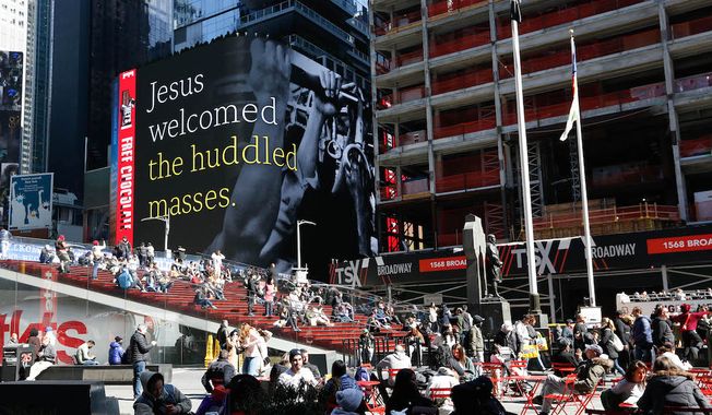 An electronic billboard shows the &quot;He Gets Us&quot; campaign, which will air Christian outreach ads during the Super Bowl on Sunday, Feb. 12, 2023. (Photo courtesy of He Gets Us)