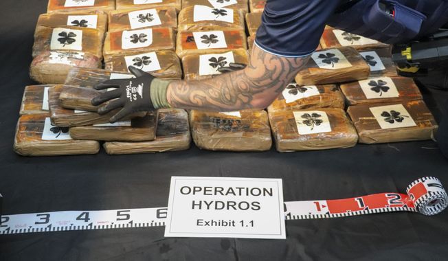 In this photo supplied by the New Zealand police, a shipment of cocaine found floating on the surface of the Pacific Ocean is stacked on a table in Auckland, New Zealand, Tuesday, Feb. 7, 2023. New Zealand police said Wednesday they found more than 3 tons of cocaine floating in a remote part of the Pacific Ocean after it was dropped there by an international drug-smuggling syndicate. (NZ Police via AP)