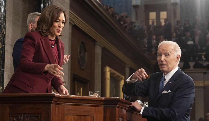 President Joe Biden talks with Vice President Kamala Harris after the State of the Union address to a joint session of Congress at the Capitol, Tuesday, Feb. 7, 2023, in Washington. (Jacquelyn Martin, Pool) ** FILE **