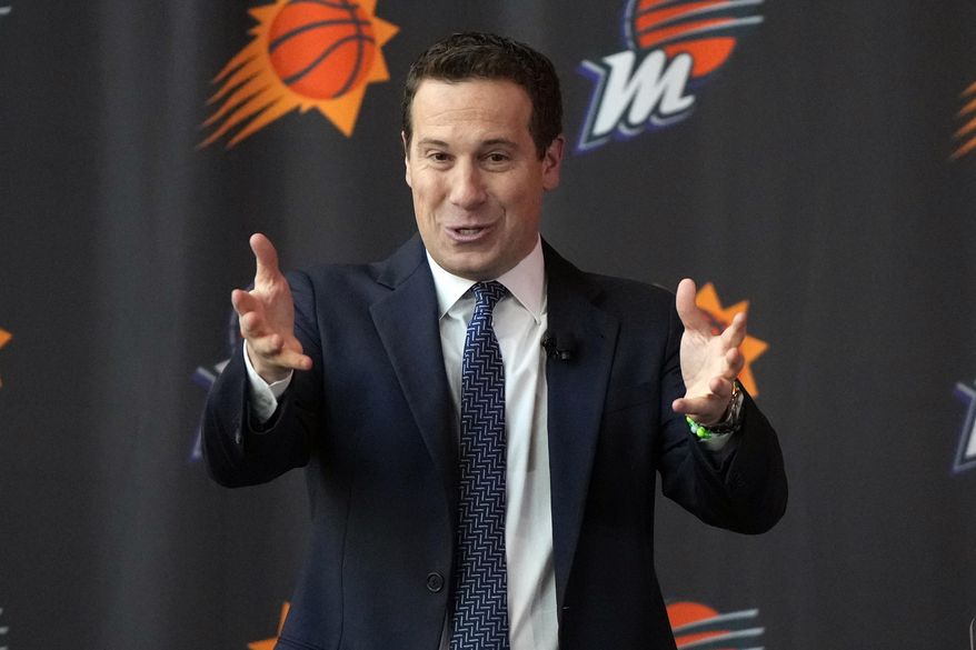 Mat Ishbia, new controlling interest owner of the Phoenix Suns and Phoenix Mercury, talks to the media during a basketball news conference, Wednesday, Feb. 8, 2023, in Phoenix. (AP Photo/Rick Scuteri). **FILE**
