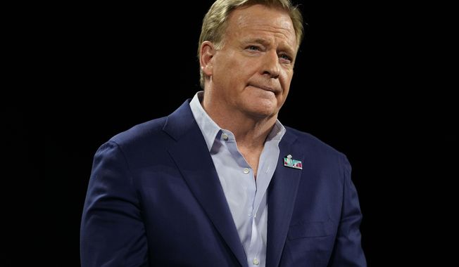 NFL Commissioner Roger Goodell speaks during a news conference ahead of the Super Bowl 57 football game, Wednesday, Feb. 8, 2023, in Phoenix. The Kansas City Chiefs will play the Philadelphia Eagles on Sunday. (AP Photo/Mike Stewart)