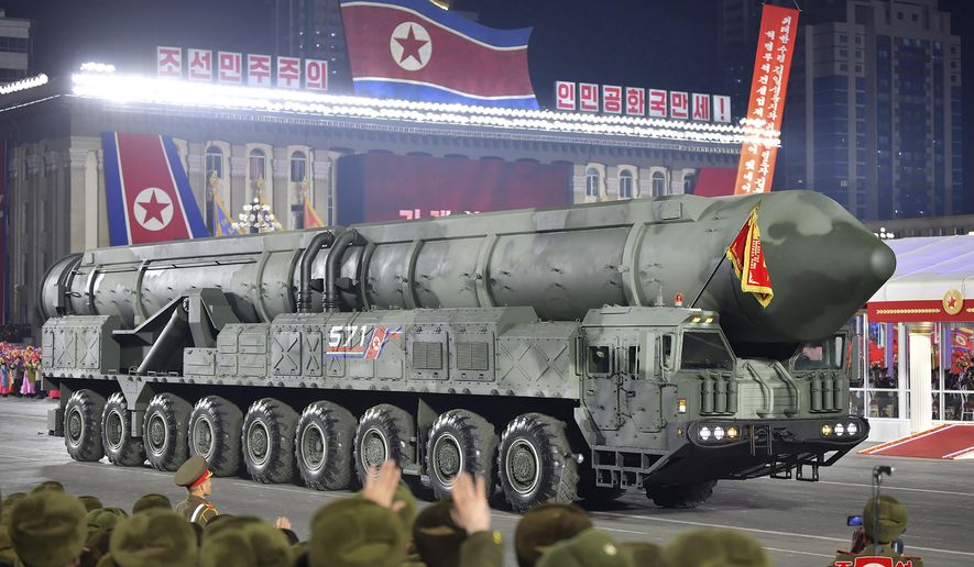 This photo provided by the North Korean government, shows what it says an intercontinental ballistic missile during a military parade to mark the 75th founding anniversary of the Korean People’s Army on Kim Il Sung Square in Pyongyang, North Korea Wednesday, Feb. 8, 2023. Independent journalists were not given access to cover the event depicted in this image distributed by the North Korean government. The content of this image is as provided and cannot be independently verified. Korean language watermark on image as provided by source reads: &quot;KCNA&quot; which is the abbreviation for Korean Central News Agency. (Korean Central News Agency/Korea News Service via AP)