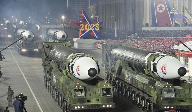 In this photo provided by the North Korean government, what it says are intercontinental ballistic missiles are displayed during a military parade to mark the 75th founding anniversary of North Korea’s army at Kim Il Sung Square in Pyongyang, North Korea, Wednesday, Feb. 8, 2023. Independent journalists were not given access to cover the event depicted in this image distributed by the North Korean government. The content of this image is as provided and cannot be independently verified. Korean language watermark on image as provided by source reads: &quot;KCNA&quot; which is the abbreviation for Korean Central News Agency. (Korean Central News Agency/Korea News Service via AP)
