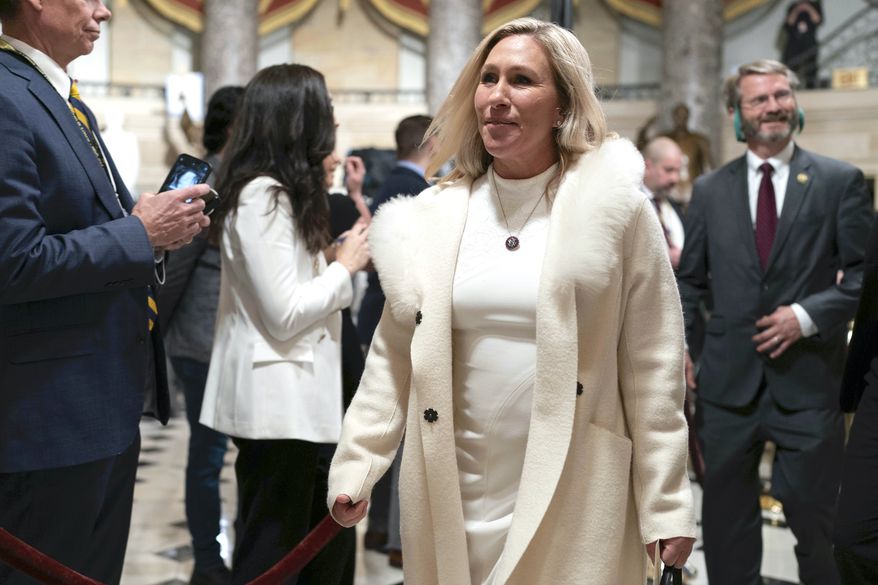 Rep. Marjorie Taylor Greene, Georgia Republican, arrives for President Biden's State of the Union address to a joint session of Congress at the Capitol on Tuesday. (AP Photo/Jose Luis Magana)