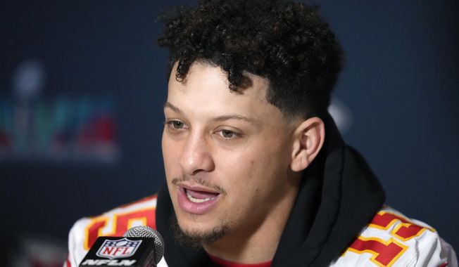 Kansas City Chiefs quarterback Patrick Mahomes answers a question during an NFL football media availability in Scottsdale, Ariz., Thursday, Feb. 9, 2023. The Chiefs will play against the Philadelphia Eagles in Super Bowl 57 on Sunday. (AP Photo/Ross D. Franklin)