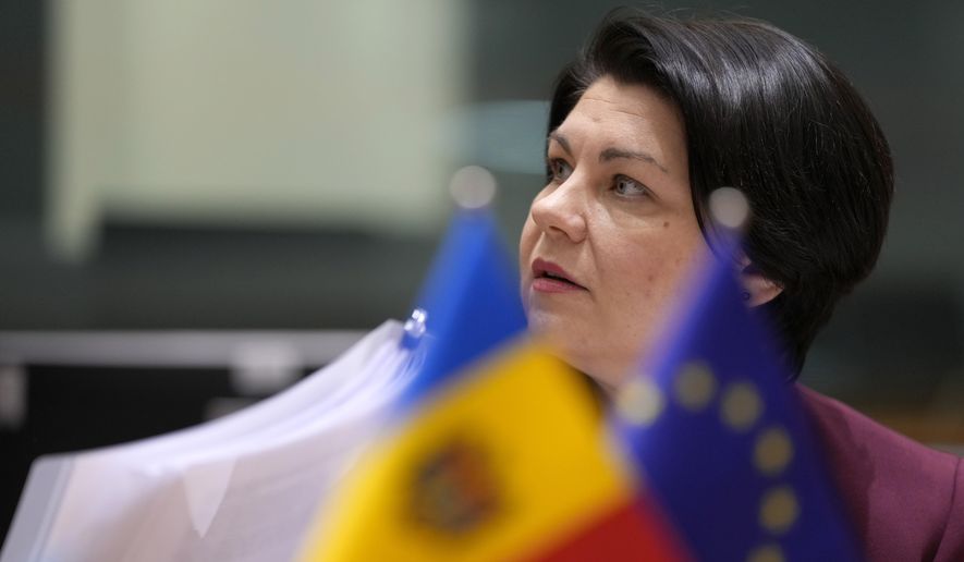 Moldova's Prime Minister Natalia Gavrilita waits for the start of the EU-Moldova Association Council at the European Council building in Brussels on Tuesday, Feb. 7, 2023. (AP Photo/Virginia Mayo)