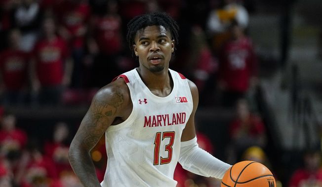 Maryland guard Hakim Hart works the floor against Indiana during the second half of an NCCA college basketball game between Maryland and Indiana, Tuesday, Jan. 31, 2023, in College Park, Md. Maryland won 66-25. (AP Photo/Julio Cortez)
