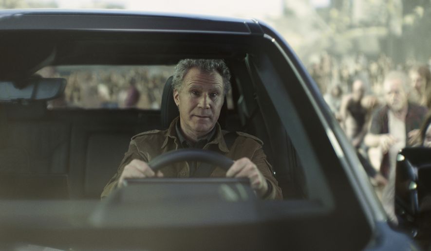 This photo provided by Netflix/GM, Will Ferrell drives a GMC Sierra EV Denali as he is chased by zombies from Netflix&#x27;s Army of the Dead from a scene from Netflix/GM 2023 Super Bowl NFL football spot. ( Netflix/GM via AP)