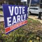 In this Dec. 11, 2020 file photo, a sign in an Atlanta neighborhood  urges people to vote early in Georgia&#x27;s two U.S. Senate races. (AP Photo/Jeff Amy, File)