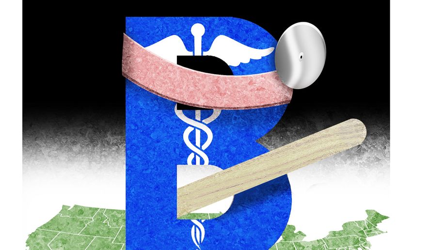 Illustration on Biden and health care by Alexander Hunter/The Washington Times