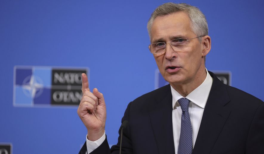 NATO Secretary-General Jens Stoltenberg speaks during a media conference ahead of a meeting of NATO defense ministers at NATO headquarters in Brussels, Monday, Feb. 13, 2023. (AP Photo/Olivier Matthys)