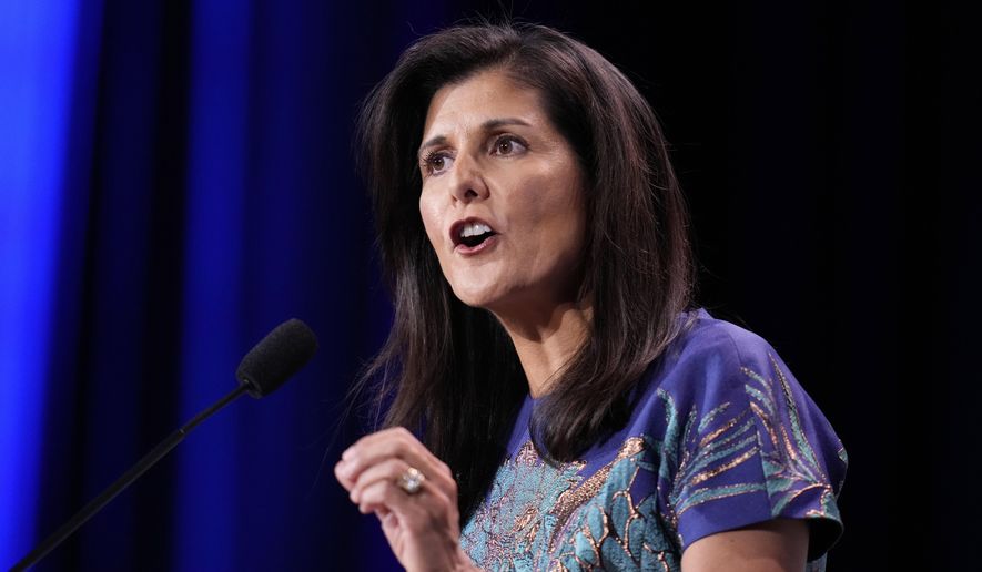 Former U.N. Ambassador Nikki Haley speaks at an annual leadership meeting of the Republican Jewish Coalition, Nov. 19, 2022, in Las Vegas. Haley may be the first to take on former President Donald Trump, but a half-dozen or more high-profile Republicans are expected to join the GOP&#x27;s 2024 presidential nomination contest over the coming months. (AP Photo/John Locher, File)