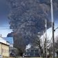 A black plume rises over East Palestine, Ohio, as a result of a controlled detonation of a portion of the derailed Norfolk Southern trains, Feb. 6, 2023. West Virginia&#x27;s water utility says it&#x27;s taking precautionary steps following the derailment of a train hauling chemicals that later sent up a toxic plume in Ohio. The utility said in a statement on Sunday, Feb. 16, 2023, that it has enhanced its treatment processes even though there hasn’t been a change in raw water at its Ohio River intake. (AP Photo/Gene J. Puskar, File)