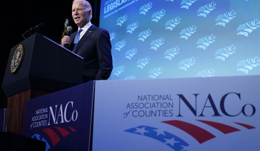 President Joe Biden speaks at the National Association of Counties 2023 Legislative Conference in Washington, Tuesday, Feb. 14, 2023. (AP Photo/Susan Walsh)