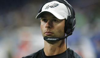 Philadelphia Eagles defensive coordinator Jonathan Gannon watches during the second half of an NFL football game against the Detroit Lions, on Oct. 31, 2021, in Detroit. The Arizona Cardinals have agreed to hire Gannon to be their next head coach, a person familiar with the decision told The Associated Press. The person spoke on condition of anonymity Tuesday, Feb. 14. 20243, because the deal hasn’t been completed. (AP Photo/Duane Burleson, File) **FILE**