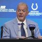 Indianapolis Colts owner Jim Irsay speaks during a news conference, Tuesday, Feb. 14, 2023, in Indianapolis. Shane Steichen was introduced as the Colts new head coach. (AP Photo/Darron Cummings)