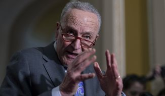 Senate Majority Leader Chuck Schumer, D-N.Y., speaks with reporters following a Democratic Caucus meeting, at the Capitol in Washington, Tuesday, Feb. 14, 2023. (AP Photo/J. Scott Applewhite)
