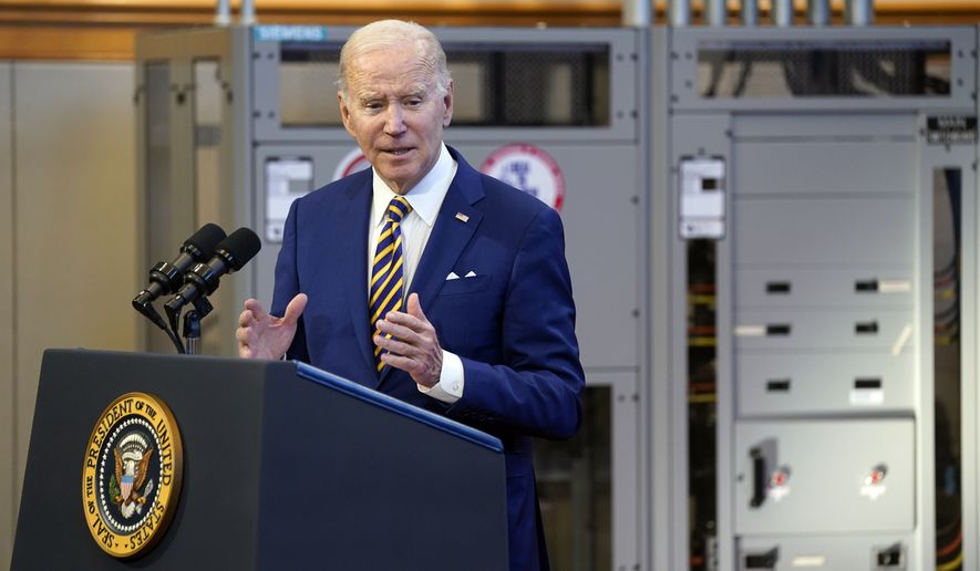 President Joe Biden speaks about the economy to union members at the IBEW Local Union 26, Wednesday, Feb. 15, 2023, in Lanham, Md. (AP Photo/Evan Vucci)