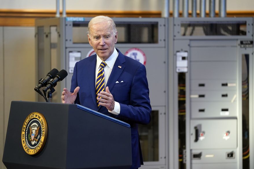 President Joe Biden speaks about the economy to union members at the IBEW Local Union 26, Wednesday, Feb. 15, 2023, in Lanham, Md. (AP Photo/Evan Vucci)