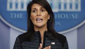 FILE - U.S. Ambassador to the United Nations Nikki Haley speaks during a news briefing at the White House, in Washington, Sept. 15, 2017. (AP Photo/Carolyn Kaster, File)