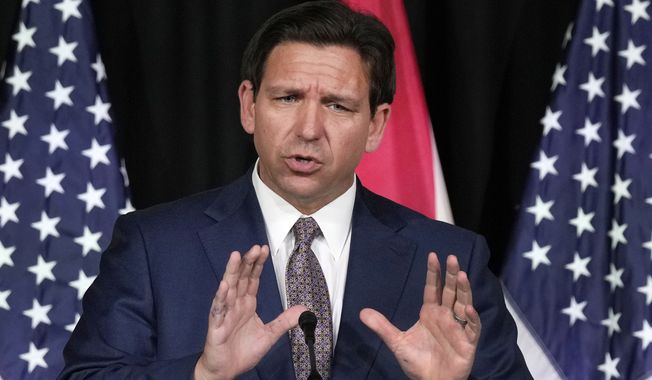 Florida Gov. Ron DeSantis speaks as he announces a proposal for Digital Bill of Rights, Wednesday, Feb. 15, 2023, at Palm Beach Atlantic University in West Palm Beach, Fla. (AP Photo/Wilfredo Lee)