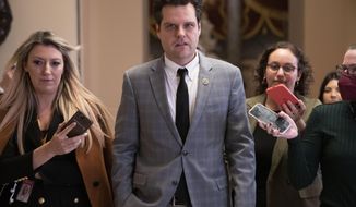 Rep. Matt Gaetz, R-Fla., is questioned by reporters, Jan. 6, 2023, on Capitol Hill in Washington. Gaetz says Justice Department has informed him he won’t face charges related to sex trafficking investigation. (AP Photo/Jacquelyn Martin, File)