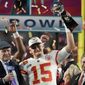 Kansas City Chiefs quarterback Patrick Mahomes (15) holds the Vince Lombardi Trophy next to Terry Bradshaw, left, and Chiefs owner Clark Hunt after the NFL Super Bowl 57 football game against the Philadelphia Eagles, Sunday, Feb. 12, 2023, in Glendale, Ariz. The Kansas City Chiefs defeated the Philadelphia Eagles 38-35. (AP Photo/Marcio J. Sanchez)