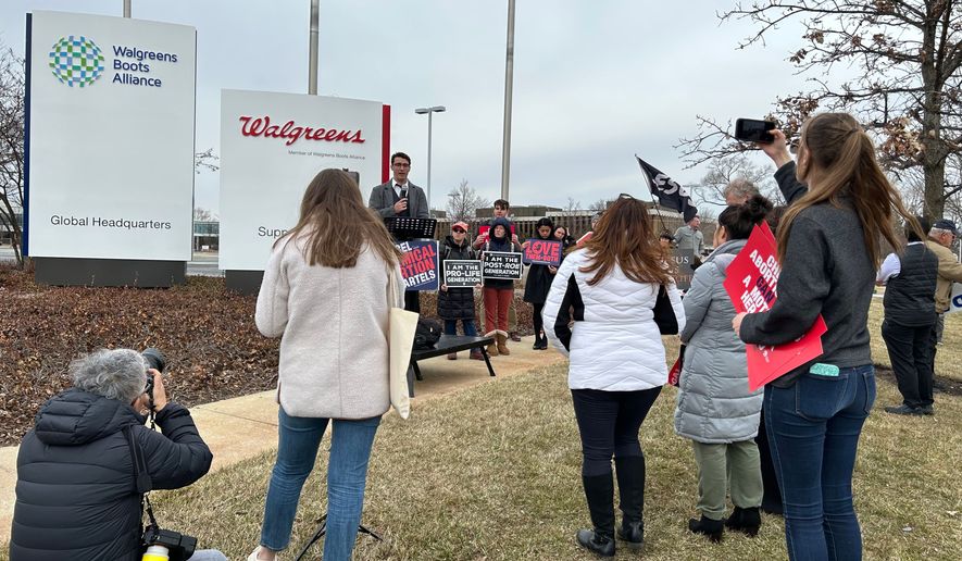 Pro-life advocates hold a rally outside Walgreens headquarters in Deerfield, Illinois, on Feb. 14, 2023, to protest the company&#x27;s plan to fill prescriptions for abortion pills. The Food and Drug Administration allowed certified retail pharmacies to dispense the pills in a rule finalized on Jan. 3, 2023. (Photo courtesy of the Pro-Life Action League of Illinois.)
